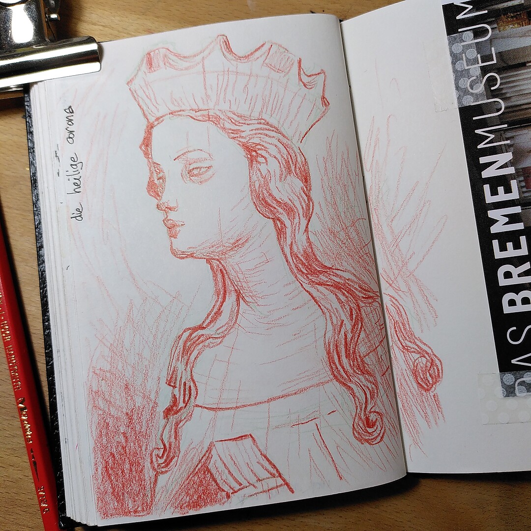 A photo of a sketchbook page with a colour pencil drawing of a woman statue, a colour pencil, and a museum ticket pasted in the sketchbook