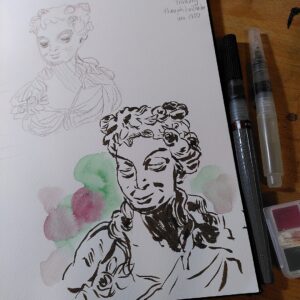 A photo of a sketchbook page with drawings of a statue (bust) of a woman, also brush pens and watercolour pans