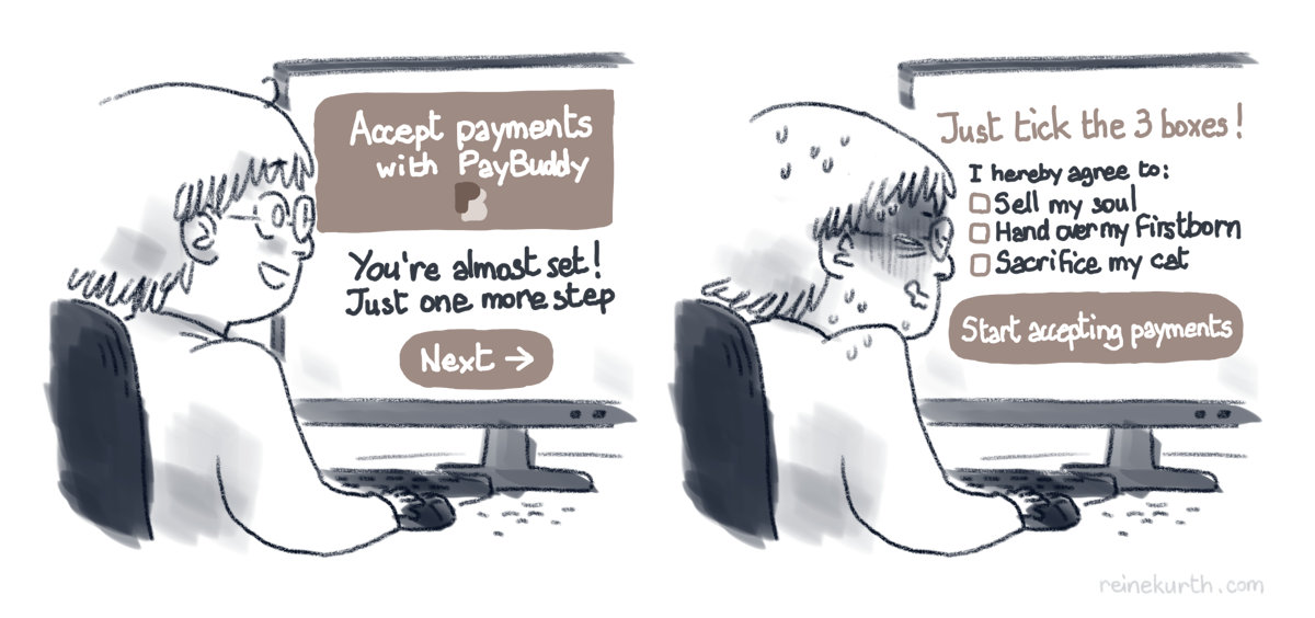 a comic strip about selling your soul to be able to accept payments online